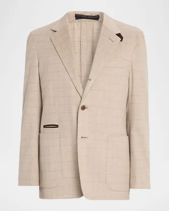 Dunhill Men & apos;s Suede-Trim Cashmere Windowpane Sport Coat