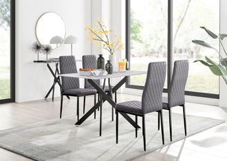 Furniturebox Leonardo White Glass Marble Effect Black Leg Table & 4 Velvet Milan Black Leg Chairs in Grey
