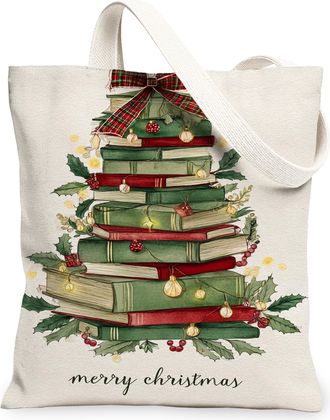 Generic Christmas Books Canvas Tote Bags, Holiday Tree Pattern Reusable Grocery Bags, Vintage Lightweight Washable Shoulder Strap C, Cream, 13x15 Inch