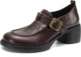 Generic Womens Buckle Strap Loafers Round Toe Block Heels Smooth PU Leather Upper Thick Sole Pull Tab Stitched Detail Adjustable Comfortable Shoes,Brown,6.5 U