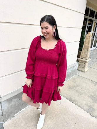 Merci Square Neckline Smocked Bodice Tiered Ruffle Dress In Burgundy