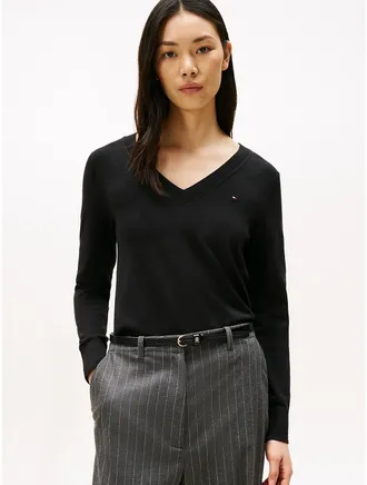 Tommy Hilfiger Womens Viscose-Blend V-Neck Sweater - Black - XXS