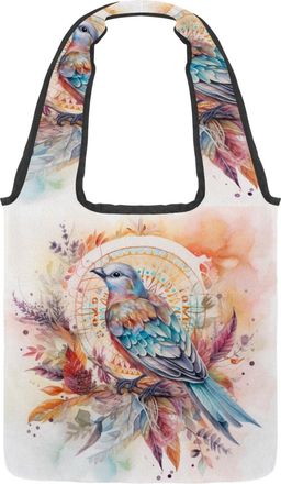 Generic Watercolor Bird Leaves Reversible Canvas Shoulder Tote - Double-Sided Print, 12oz Cotton, 27cm Drop, Fold-Flat Bag for Travel, Shopping, Street Outing