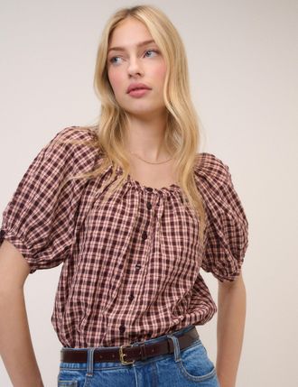 Nobody's Child Pink Check Puff Sleeve Button Front Top