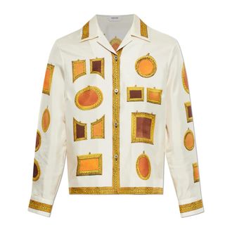 Versace Shirts, female, Beige, Size: 2XS Printed Silk Twill Shirt