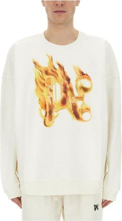 Palm Angels Burning Logo Crewneck Sweatshirt - Heren - Sweatshirts - Wit - M - Hoodies & sweatvesten