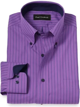 Paul Fredrick Cotton Buttondown Collar Broadcloth Slim Contrast Trim Button Cuff Long Sleeve in Purple at Nordstrom, Size 16 X 34