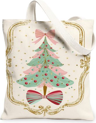 Generic Christmas Tree Canvas Tote Bags, Retro Holiday Design Reusable Shopping Bags, Lightweight Washable Shoulder Strap Canvas Fo, White, 13x15 Inch