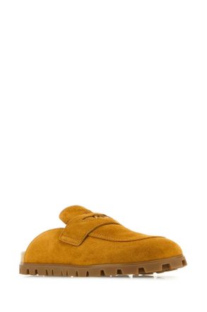 Miu Miu Womens Mustard Suede Slippers Whisky Flat Shoes