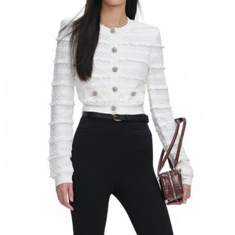 Self Portrait Pointelle Diamante Cardigan In White