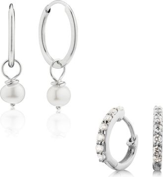 Lily & Roo Silver Diamond Style Huggies and Small Pearl Drop Hoop Earrings Gift Set