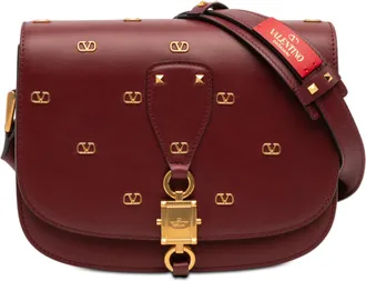 Valentino Pre-owned Womens Vlogo Embellished Leather Crossbody - Dark Red - One Size