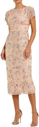 Mac Duggal Embellished Mesh Fitted Short Sleeve Midi Dress in Blush at Nordstrom, Size 14