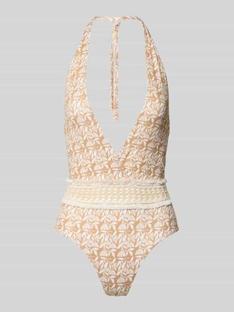 Watercult Badeanzug im Allover-Look mit tiefem V-Ausschnitt in Beige, Gr&ouml;&szlig;e 36