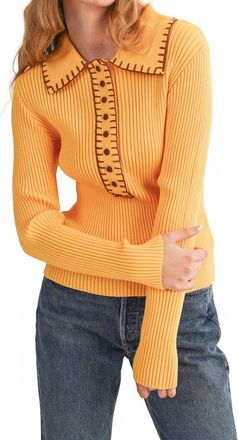 Merci Collared Ribbed Sweater With Contrast Stitch In Yellow Brown