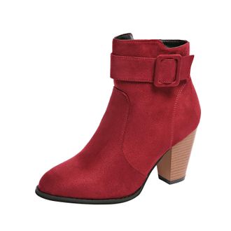 Generic Womens Fashion Solid Color Short Boots PU Casual Short Boots Back Heel Short Heel Mid Calf Boots Women Rubber Boots (Red, 5.5)