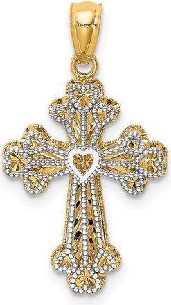 Diamond2Deal 14k Two-tone Gold Polished Filigree 2 Level Heart Cross Pendant
