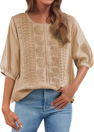 Generic Cocila Prime Deals of The Day Prime Sale Womens Casual 3/4 Sleeve T-Shirts Ladies Tops 2025 Summer Embroidery Crew Neck Breathable Pleated Tops Fashio