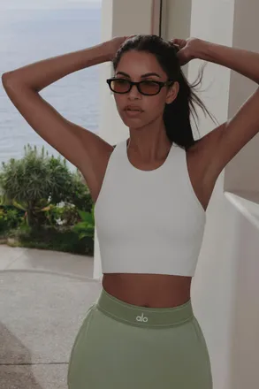 Alo | Seamless Modal Ribbed High Neck Delight Bra Tank Top in White, Size: Medium