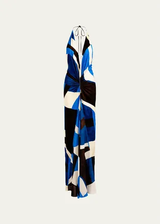 Silvia Tcherassi Malek Geo-Print Ruched Velvet Halter Maxi Dress
