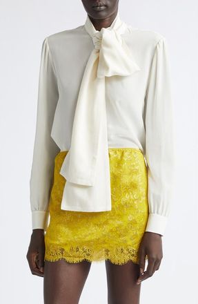 Saint Laurent Tie Neck Silk Cr&ecirc;pe de Chine Button-Up Shirt in Craie at Nordstrom, Size 42