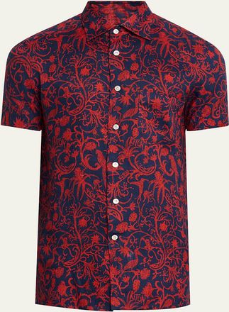 Kiton Mens Linen Coral-Print Short-Sleeve Shirt