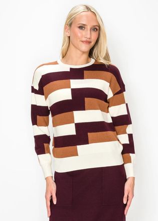 YAL New York Colorblock Knit Sweater in Burgundy and Camel