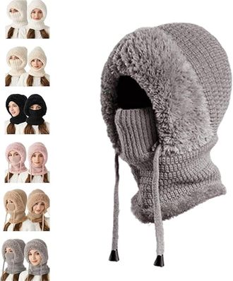 Generic Womens Thermal Knit Hood - Fleece-Lined Winter Hat, Neck Warmer & Face Cover Combo, 3 in 1 Beanie Hat for Women (Grey)