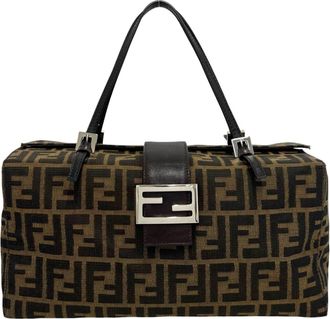 Fendi Black Brown Canvas Leather Boston Bag Handbag Tote Bag (Pre-Owned)