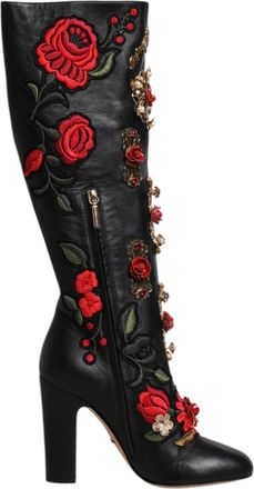 Dolce & Gabbana Black Roses Embellished Leather Heel Boots Womens Shoes