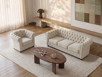 Vente-Unique Divano 3 posti e poltrona in Velluto Beige - CHESTERFIELD