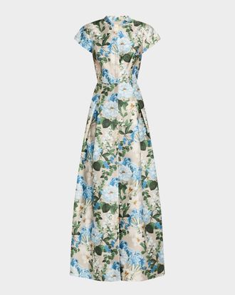 Sachin & Babi Marta Pleated Floral-Print Mikado Gown
