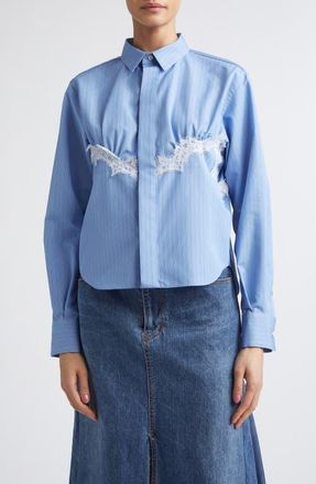 sacai Stripe Lace Trim Poplin Button-Up Shirt in Blue Stripe at Nordstrom, Size 1