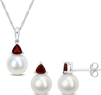 Mimi & Max 8-8.5mm Cultured Freshwater Pearl 7/8ct TGW Garnet Jewelry Set 10k White Gold