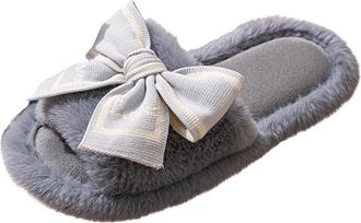 Generic Gray Womens Slip-On Slippers with Plus Velvet Warm Bow Design for Indoor and Outdoor Casual Wear Flock Material Comfort Fit
