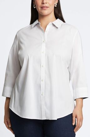 Foxcroft Margie Mix Stripe Detail Cotton Blend Sateen Button-Up Shirt in White at Nordstrom, Size 1X