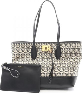 Ferragamo Beige Black Canvas Leather Pouch Tote Bag (Pre-Owned)