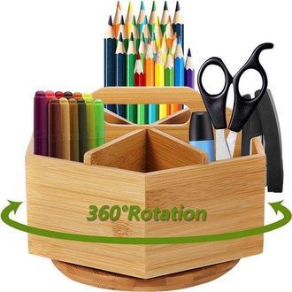 No Brand Organizador De Escritorio Giratorio De Bamb&uacute; De 360&deg; - Portal&aacute;pices Con Asa, 6 Compartimentos, Para Oficina Y Maquillaje