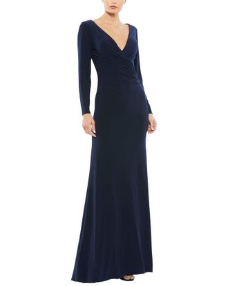 Mac Duggal Long Sleeve Ruched Jersey V-Neck Gown