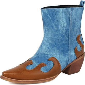 Generic Womens Ankle Boots Classic Embroidered Square Toe Chunky Low Heel Pull On Western Cowboy Shoes (7.5,Blue)