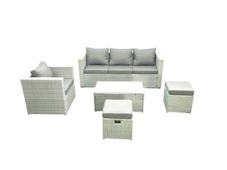 Fimous Rattan Garden Furniture Set with 3 Seater Sofa Chair Rectangular Coffee Table 2 Small Footstool Light Grey Mixed 6 Seater