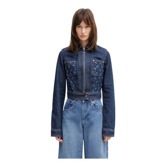 Marine Serre Cropped Jeansjack met Maanprint - Dames - Jassen - Blauw - Maat: XS Katoen