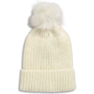 Tasha Faux Fur Pom Sparkle Beanie in White at Nordstrom Rack
