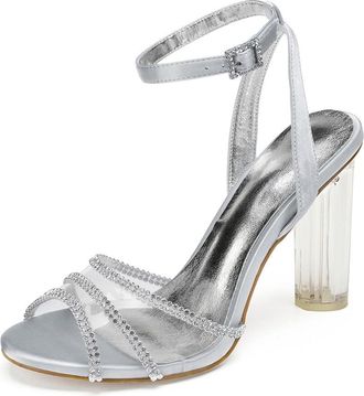 Generic Wedding Bridal Heels Womens Heels Ankle Strap Chunky Heel Dress Sandals Open Toe Bridal Satin Prom Party Dress Pumps 10.5Cm,Silver,4 UK