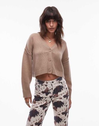 Topshop premium merino wool relaxed cardigan in oat-Neutral