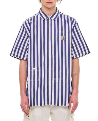 Junya Watanabe Short-Sleeved Striped Cotton Shirt with Logo Patch