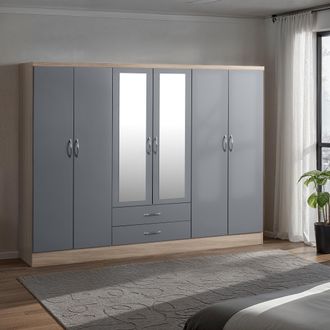 Seconique Nevada 6 Door 2 Drawer Mirrored Wardrobe in Grey