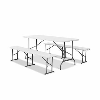 Sweeek Set de mesa y bancos plegables port&aacute;tiles para eventos, blanco