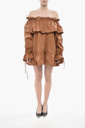 Saint Laurent Cotton Off-Shoulder Mini Dress with Ruffles Saint Laurent