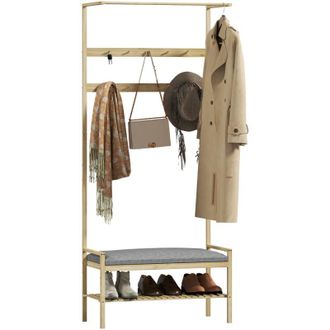 HOMCOM Homcom - Perchero Zapatero Perchero Entrada Recibidor Con 10 Ganchos Banco Zapatero Barra Superior Y Compartimento 73,5x34x171 Cm Natural